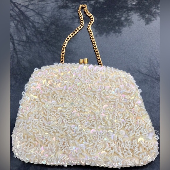 Vintage 1950s White Beaded Sequined Clutch Wristlet Handbag Coin Purse Satchel - Picture 1 of 8